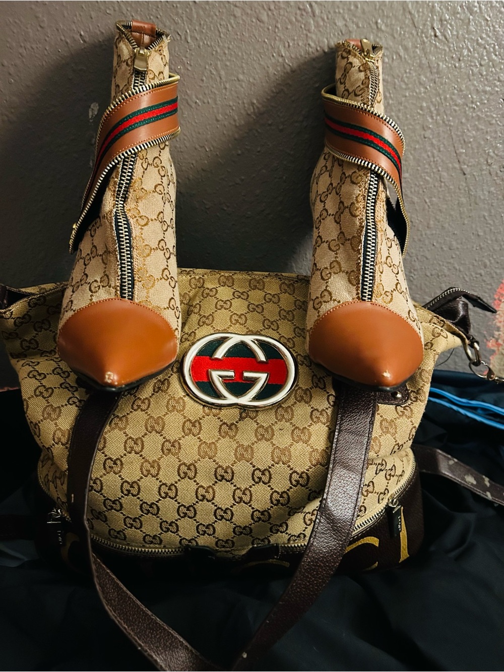 Gucci Beige Monogram Canvas and Brown Leather Crossbody Bag